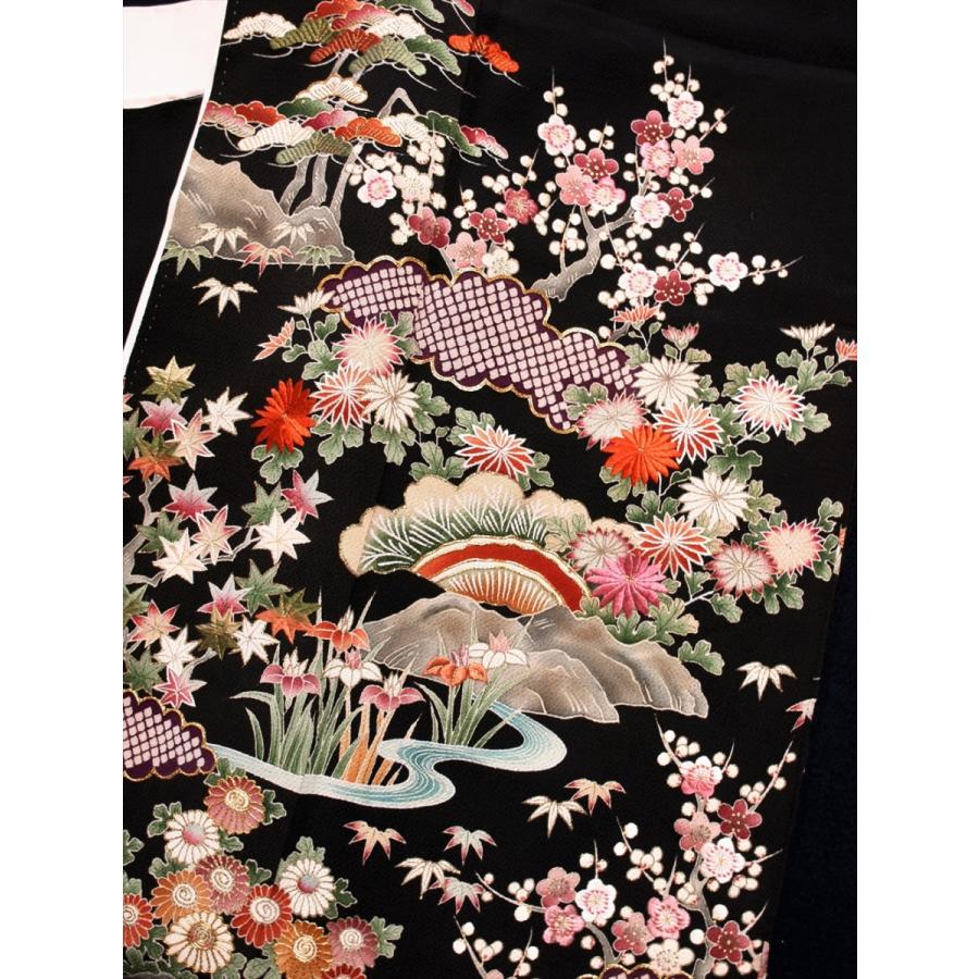 リサイクル着物 黒留袖 ちりめん 縮緬 御所解 草花刺繍 リメイク リサイクル着物 黒留袖 ちりめん 縮緬 御所解 草花刺繍 リメイク