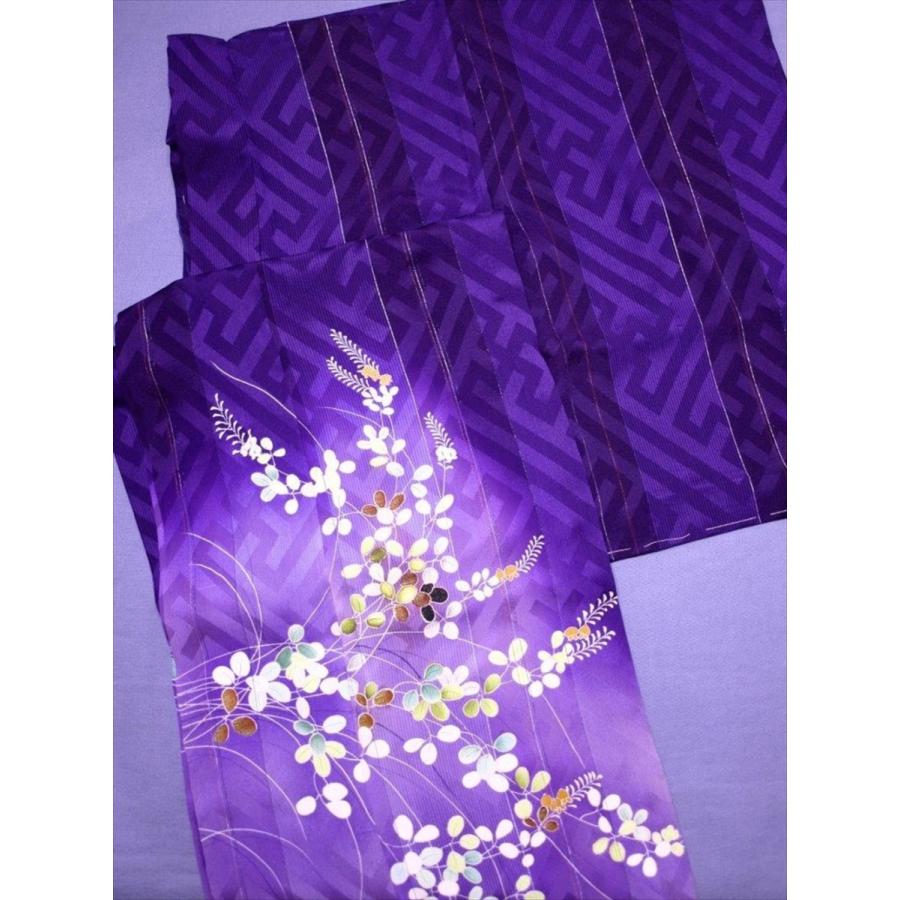 アンティーク着物 色留袖 紗綾型 萩 紋綸子 漆箔 縞 紫 レトロ 大正