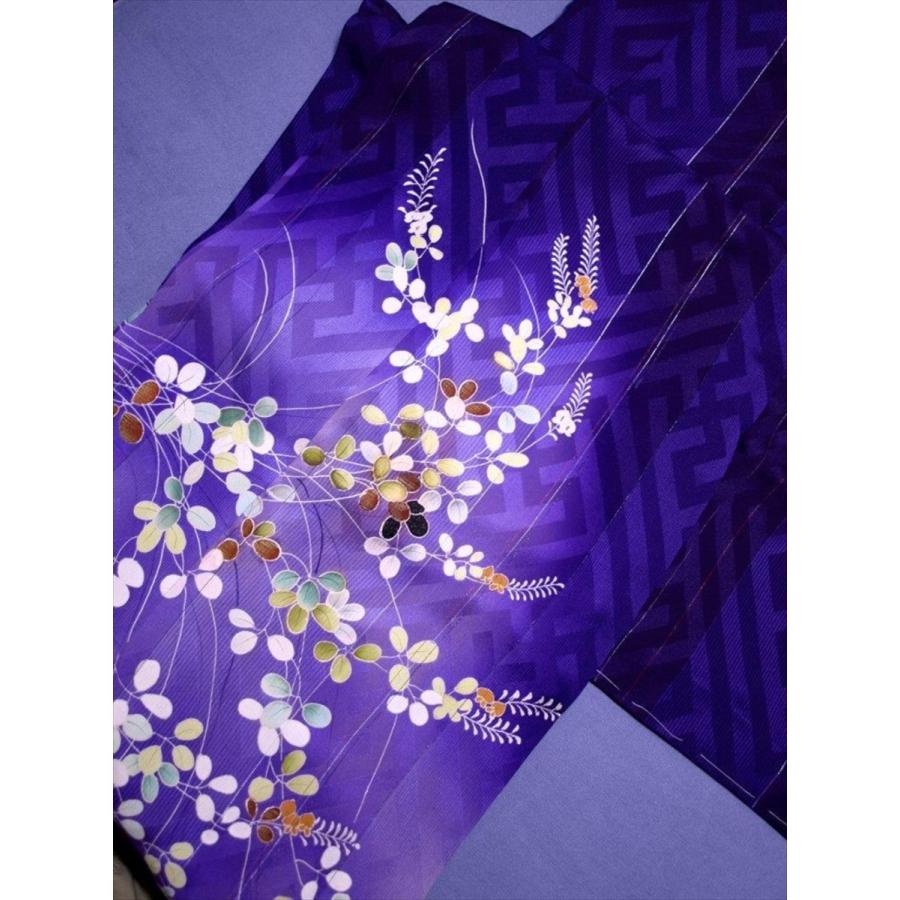 アンティーク着物 色留袖 紗綾型 萩 紋綸子 漆箔 縞 紫 レトロ 大正