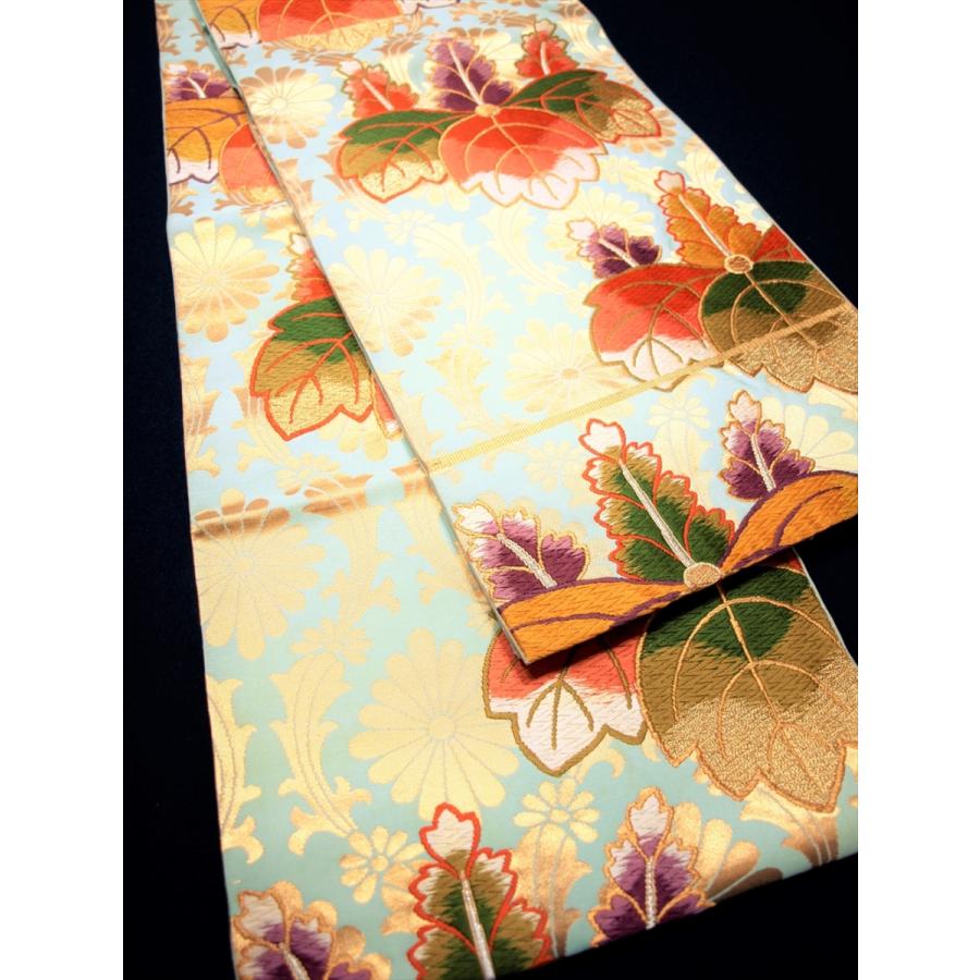 リサイクル帯 袋帯 振袖 桐 菊 唐織 水色地 立涌 色無地 訪問着 豪華  
