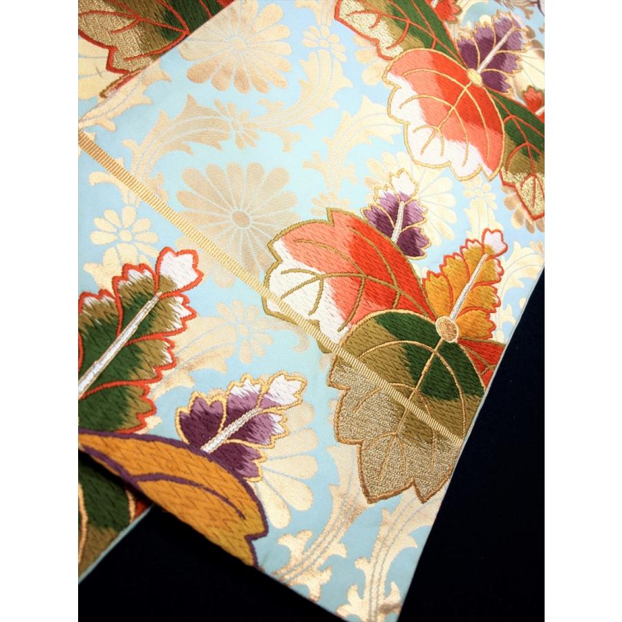 リサイクル帯 袋帯 振袖 桐 菊 唐織 水色地 立涌 色無地 訪問着 豪華  