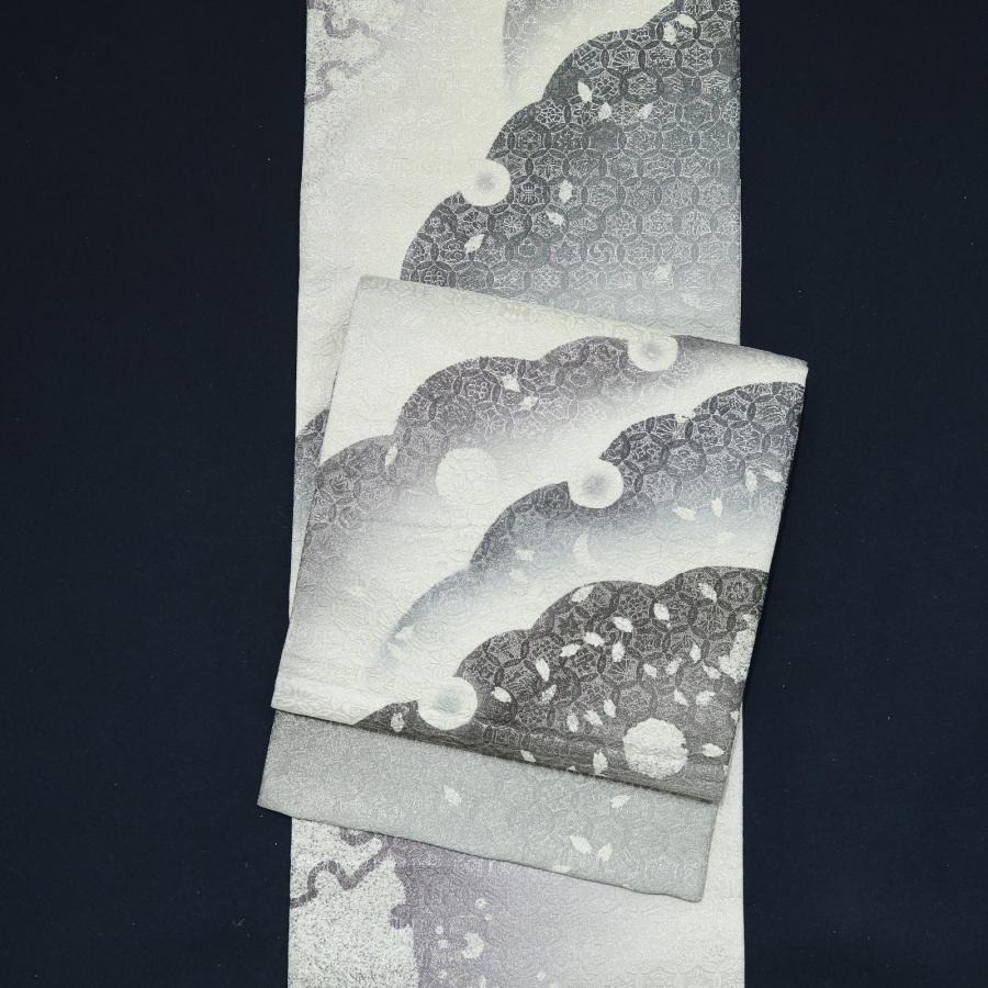 ob31637 リサイクル袋帯 七宝模様の膨れ織 雪輪 桜花弁 リバーシブル