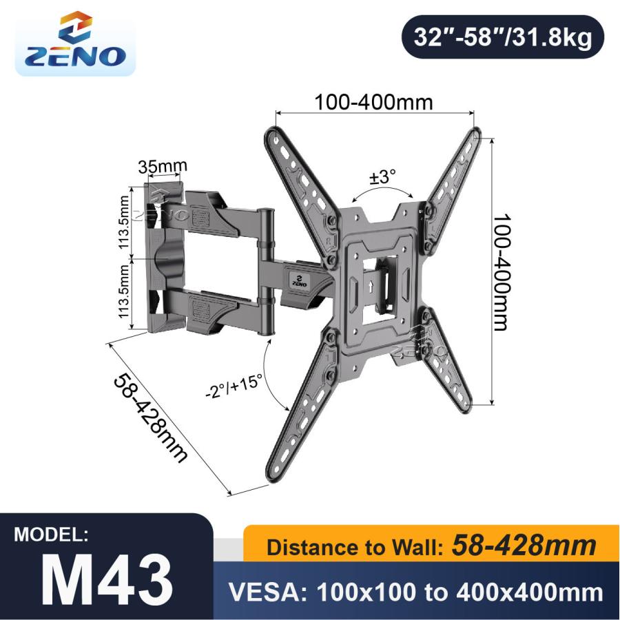 32-58インチ対応 フルモーション テレビ 壁掛け金具 冷間圧延鋼 前後左右上下 アーム式  角度調節 スイベル VESA最大400x400mm 耐荷重31.8kg★設置動画あり |  | 02