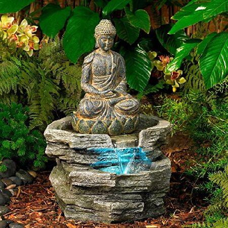 Sitting Buddha Rustic Zen Outdoor Floor Water 公式通販 捧呈 Fountain with H LED 21quot; Light