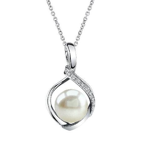 正式的 8 mmホワイト淡水養殖真珠&ダイヤモンドAlexisペンダントネックレス14 Kゴールド ネックレス、ペンダント