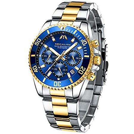 一番の MEGALITH 1-ブルー M 自動日付 メンズ クロノグラフ ビジネス ファッション クォーツ アナログ 防水 ステンレススチール 腕時計 メンズ 腕時計