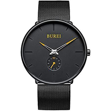 人気を誇る BUREIメンズ腕時計黒超薄型ファッションクォーツ防水時計ネットベルトオレンジ針男性の誕生日プレゼント 腕時計