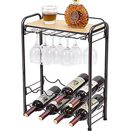 TOOLF ボトルワインラック 自立式床 メタルワイン収納棚 グラスホルダーテーブルトップ付き 4段ワインディスプレイオーガナイザー ホームデコ セ