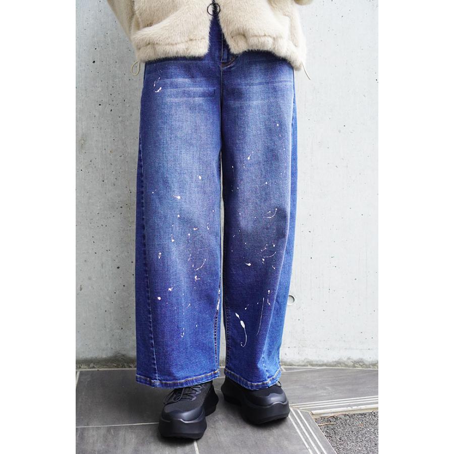 ayane アヤン ペイント加工 バレルレッグデニムパンツ レディースデニムパンツ ストレッチ ブリーチ ブラック インディゴ 875815 | ayane