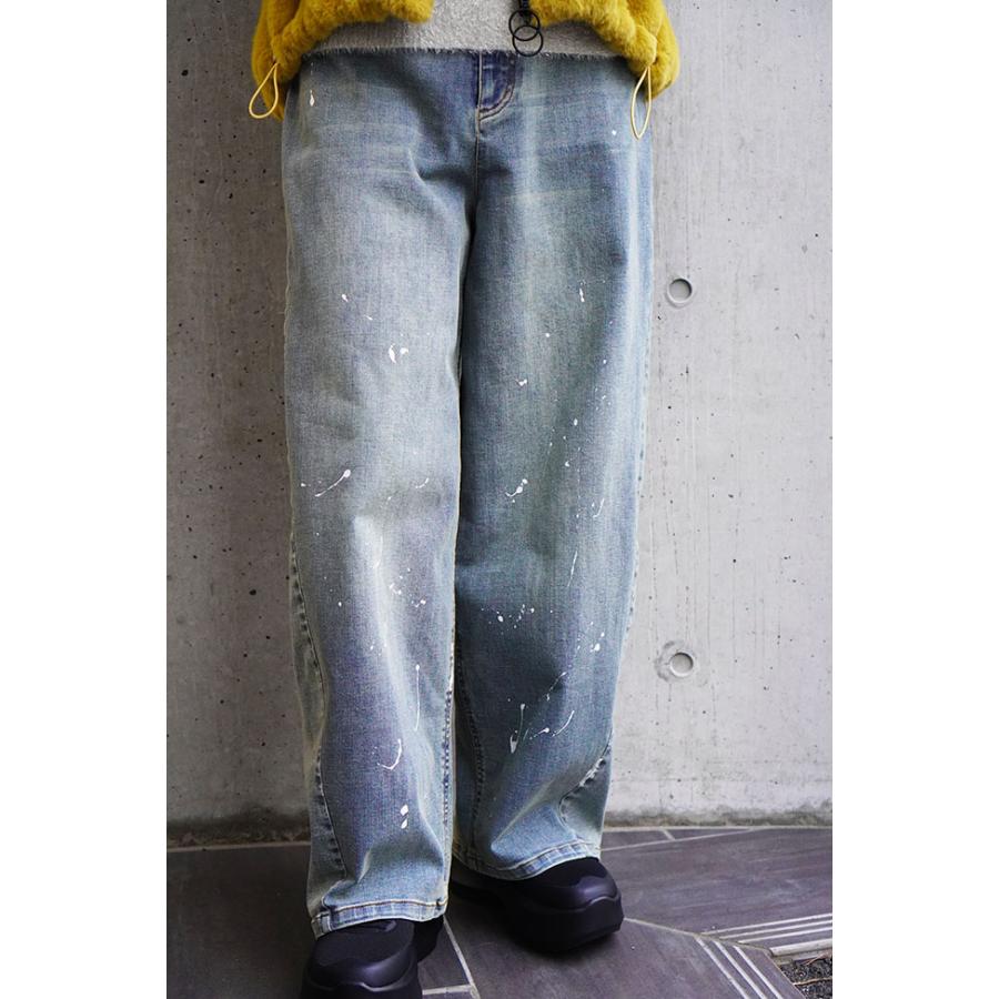 ayane アヤン ペイント加工 バレルレッグデニムパンツ レディースデニムパンツ ストレッチ ブリーチ ブラック インディゴ 875815 | ayane | 09