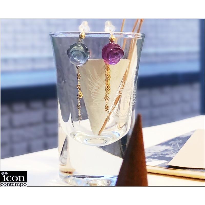 K14YG,PG,WG薔薇彫刻フローライト ブルー,パープル ハートトリカラー 