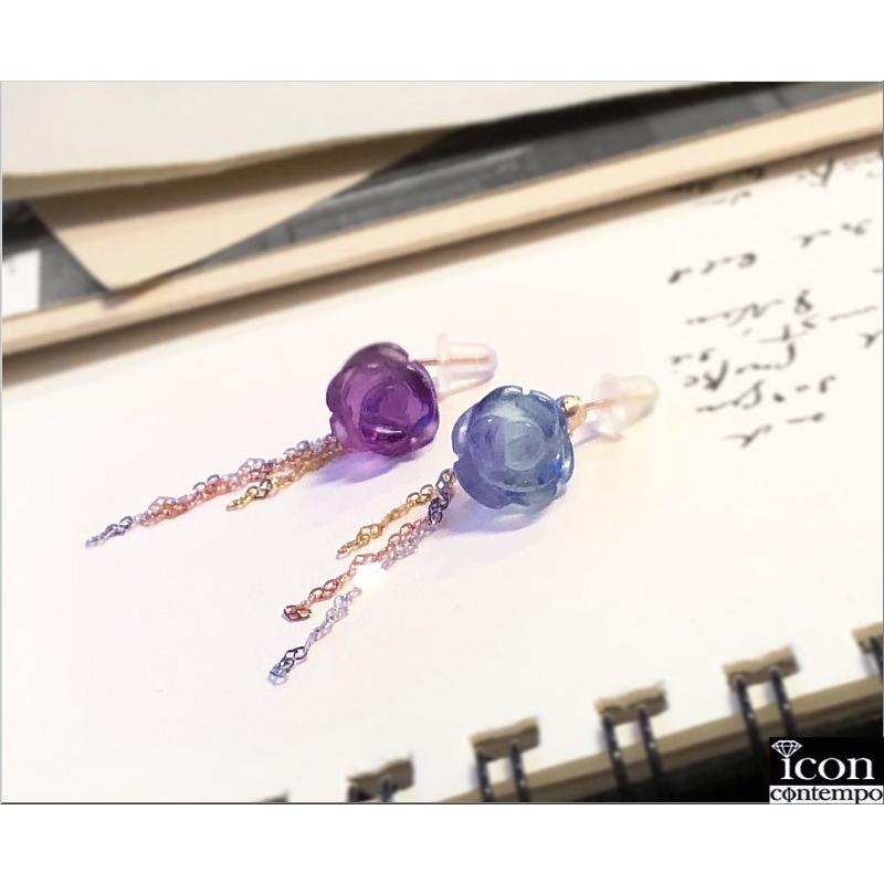 K14YG,PG,WG薔薇彫刻フローライト ブルー,パープル ハートトリカラー 