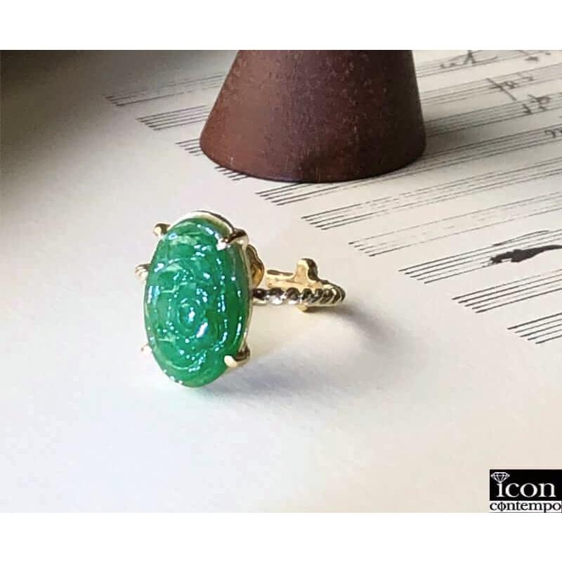 K14YG 翡翠 薔薇彫刻 リング 大粒5.84ct 天然色ミャンマー産 グリーン 