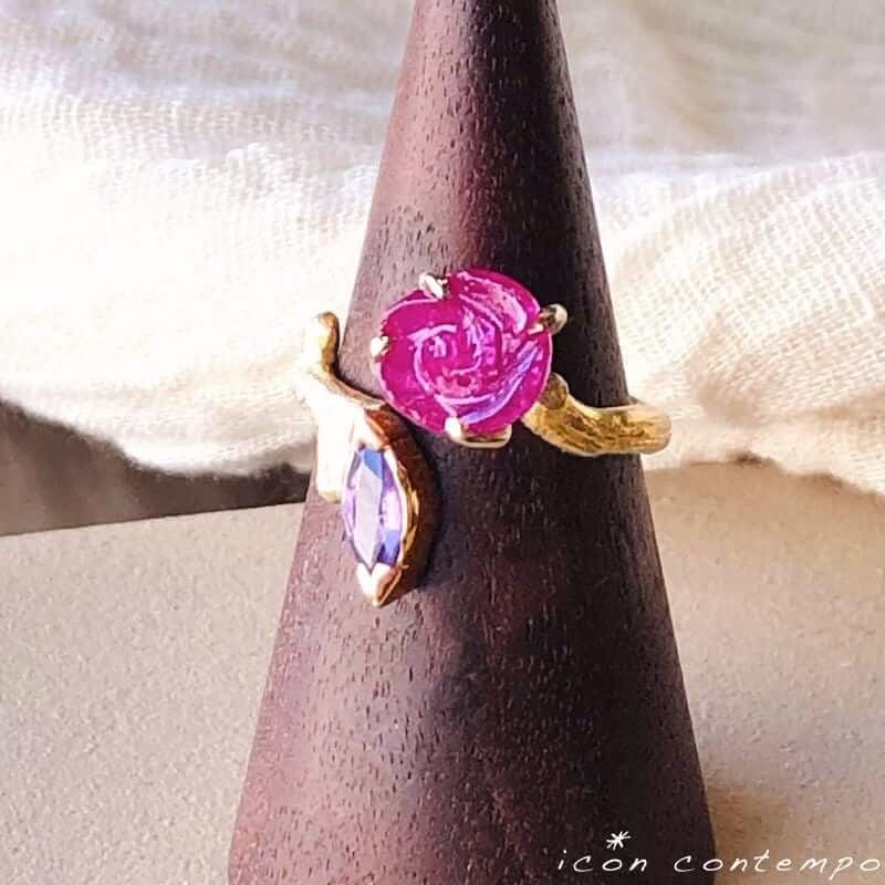 指輪 K18 ルビー 薔薇彫刻 リング 鑑別書付き パープルサファイア