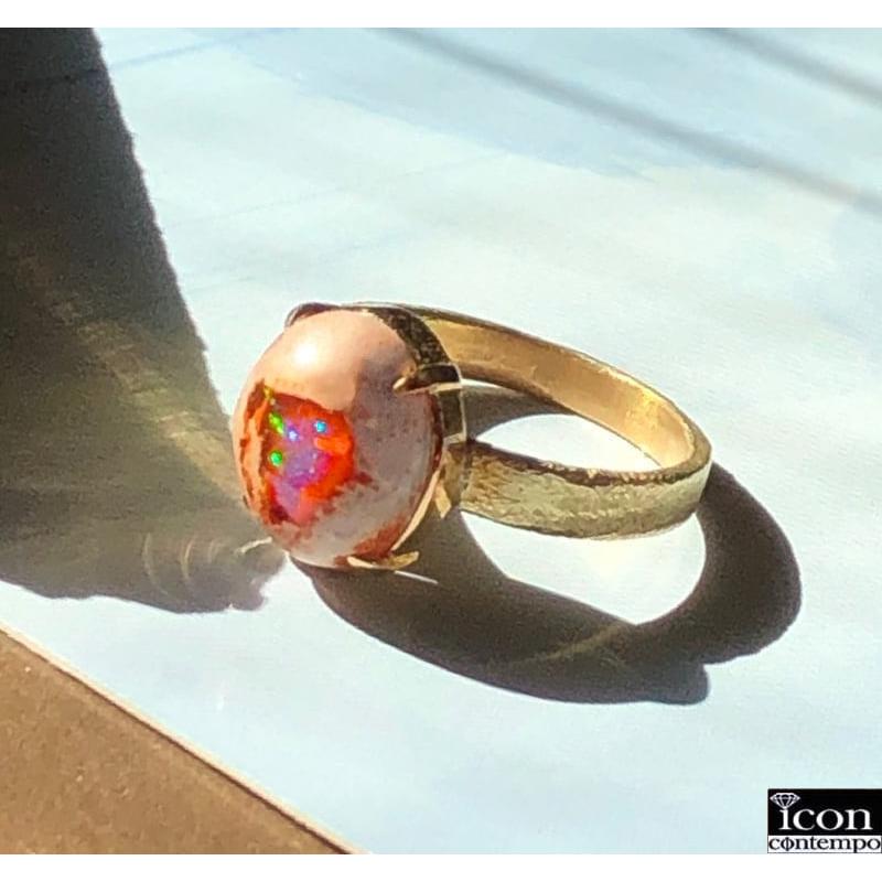 指輪 K18YGカンテラオパール メキシコ産 リング テクスチャード 虹湖