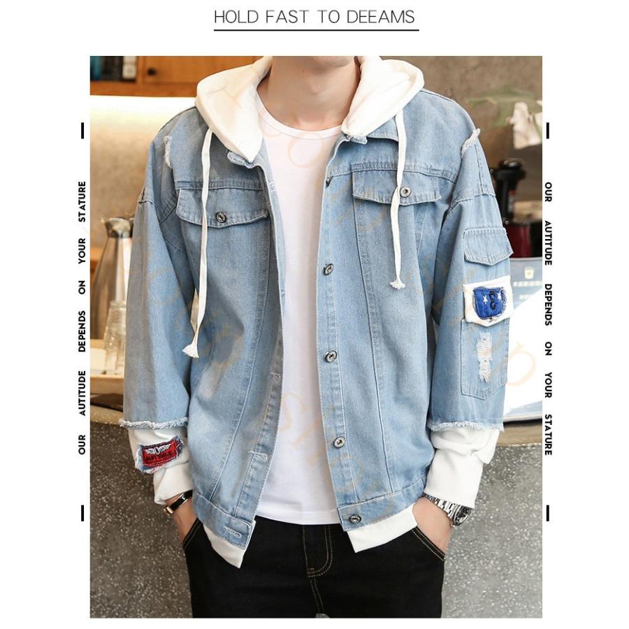 デニムジャケット メンズ Gジャン パーカー デニムシャツ 長袖 ジージャン カジュアル ショート丈 ダメージ加工 秋 重ね着風 ヴィンテージ Bnz14 Icoup 通販 Yahoo ショッピング
