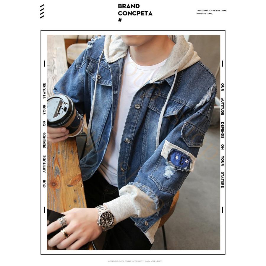 デニムジャケット メンズ Gジャン パーカー デニムシャツ 長袖 ジージャン カジュアル ショート丈 ダメージ加工 秋 重ね着風 ヴィンテージ Bnz14 Icoup 通販 Yahoo ショッピング