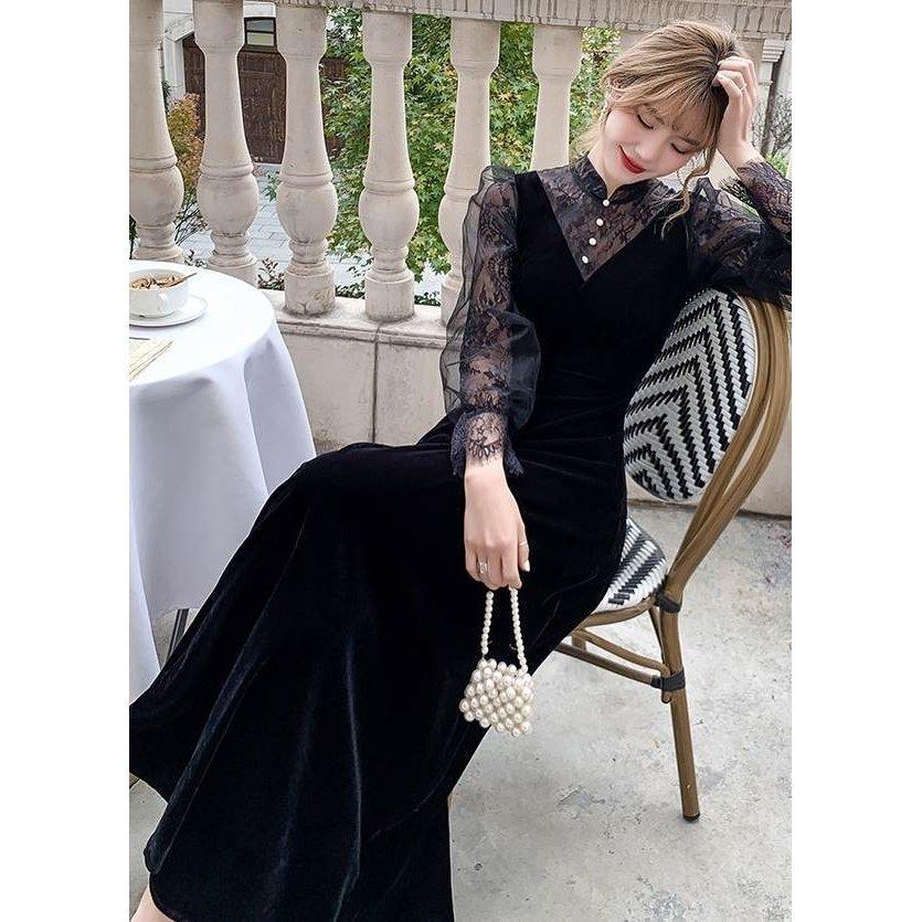 おしゃれロング ドレス パーティードレス 個性的 黒 袖あり 長袖 レース おしゃれ 結婚式 二次会 お呼ばれ フォーマル 演奏会 発表会 大人 かっこいい cj67f59iCoup