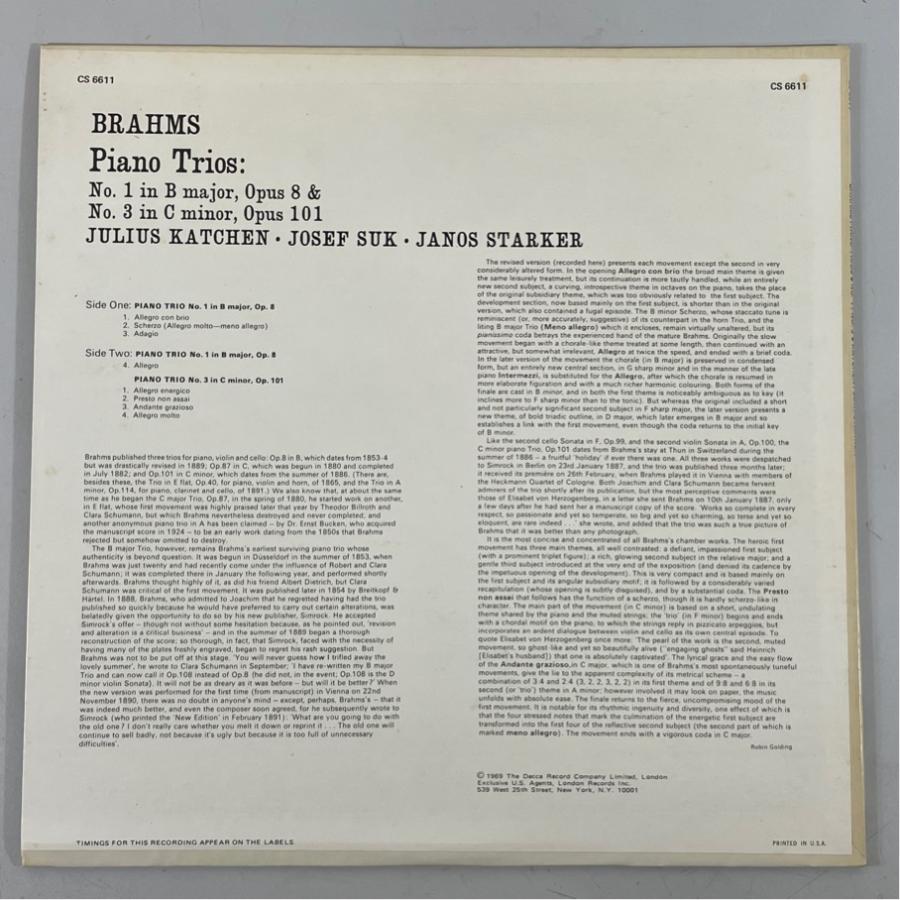英LONDON CS.6611 ブラームス ピアノ三重奏曲1/3番 カッチェン スーク シュタルケル 洗浄済 LP |  | 01
