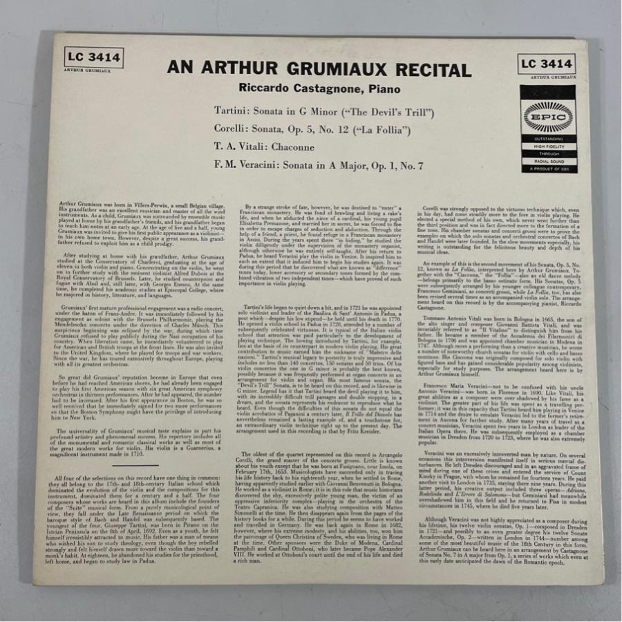 米EPIC LC3414 グリュミオー カスタニョーネ ヴァイオリン協奏曲・リサイタル タルティーニ 悪魔のトリル他 洗浄済 LP |  | 01