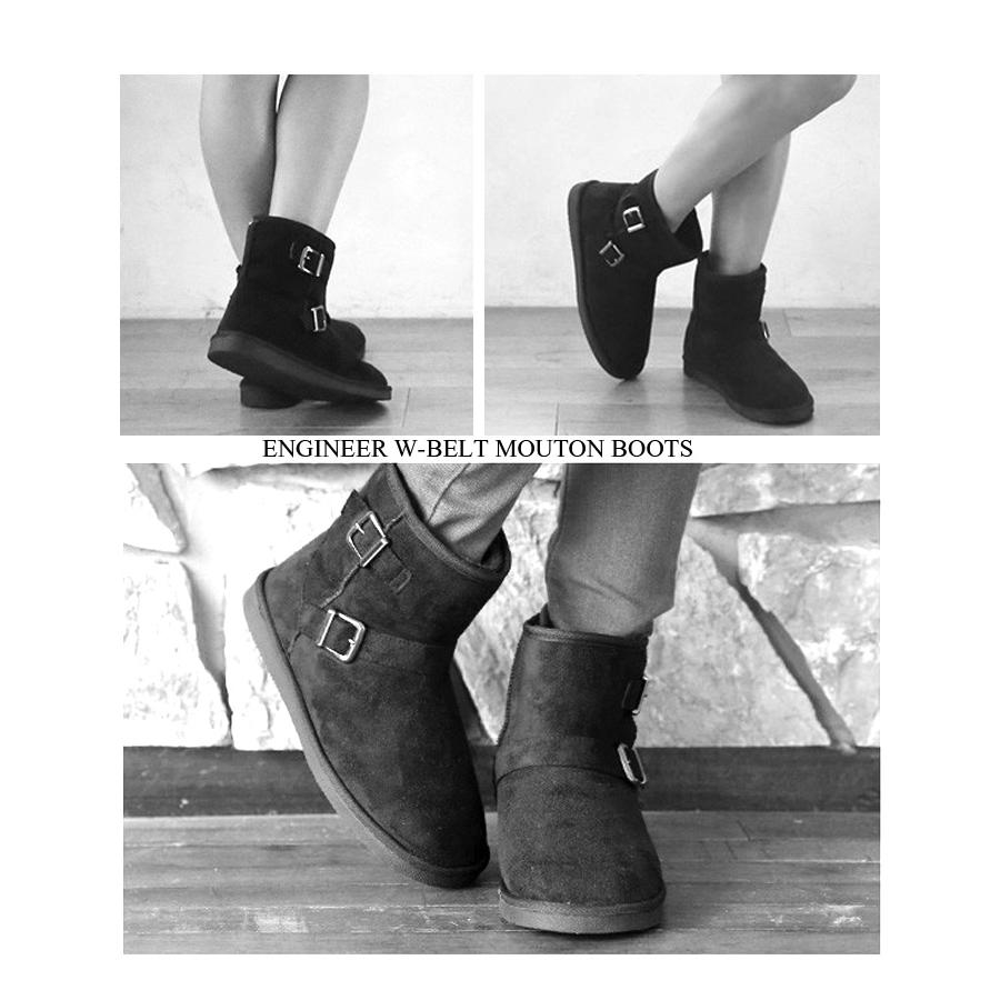 エンジニア Wバックル ベルト ファー ムートンブーツ ショートブーツ ミニムートン ショートタイプ（スエード）秋冬ブーツ ブラック　2002 |  | 02