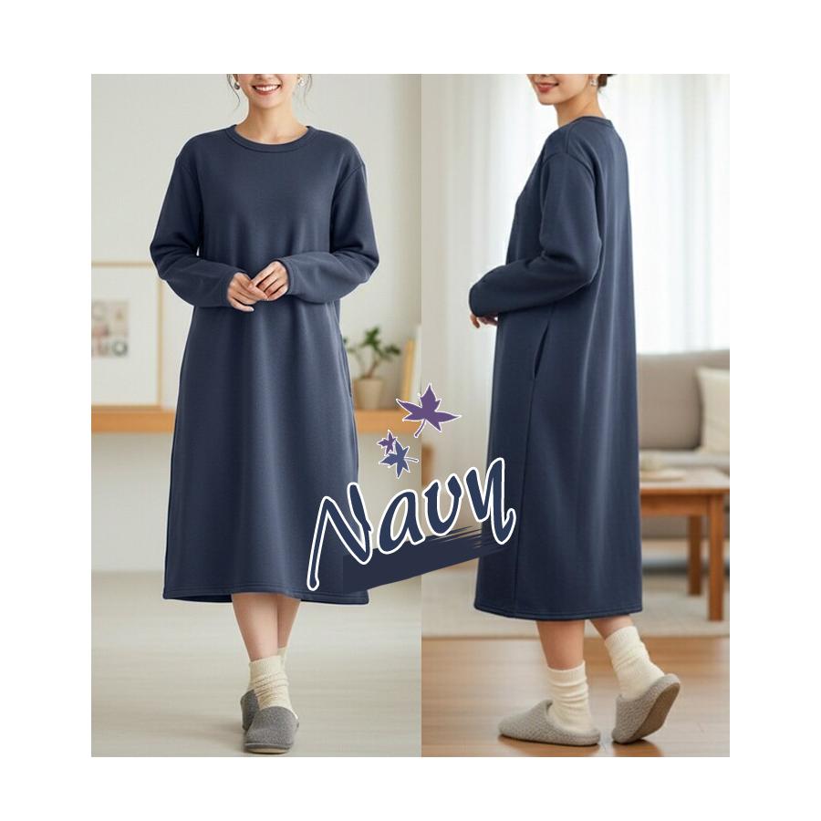 裏起毛 ゆったり ポケット付 ロング丈 ワンピース 厚手 暖か 丸首