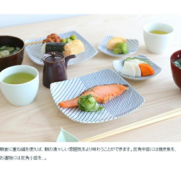 重ね縞 白山陶器 反角中皿 16.5cm ホワイト/ブルー プレート 中皿 前菜