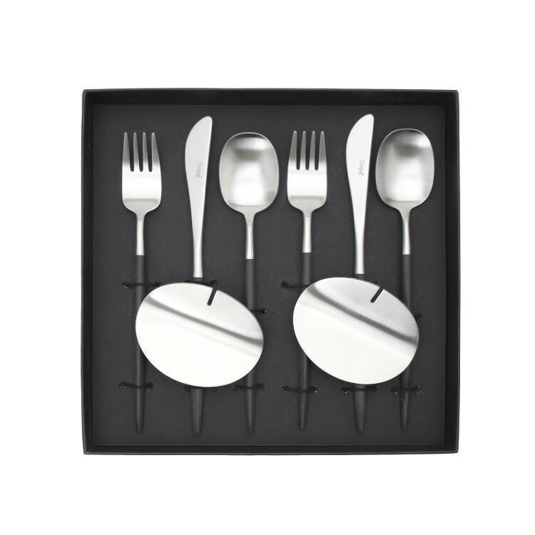 クチポール ナウ ブラック ディナーセット + カトラリーレスト 8点セット ギフトボックス入り 正規販売代理店 カトラリー 化粧箱付 食器 結婚祝い ナイフレスト クチポール ナウ ブラックマットゴールド ディナーナイフ⁄テーブル