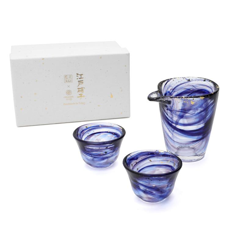 藍花 藍花×岩澤硝子 箔墨流し ぐい呑 2個 片口 ギフトセット 和ガラス