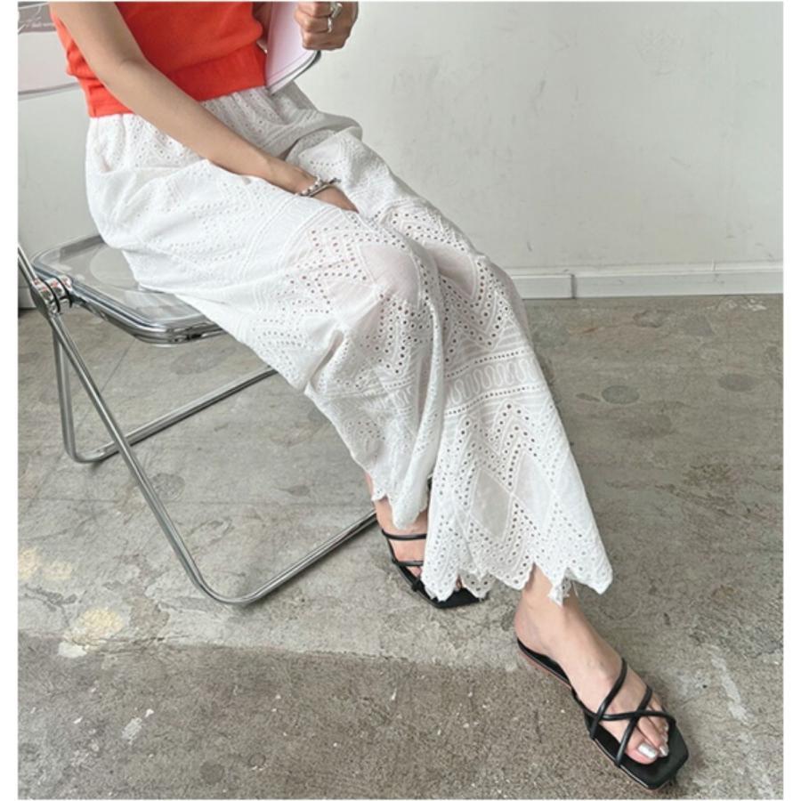 レース ワイドパンツ 裾レースパンツ レディース 刺繍 ウエストゴム リラックスパンツ お洒落 春 夏 シンプル | ブランド登録なし | 15