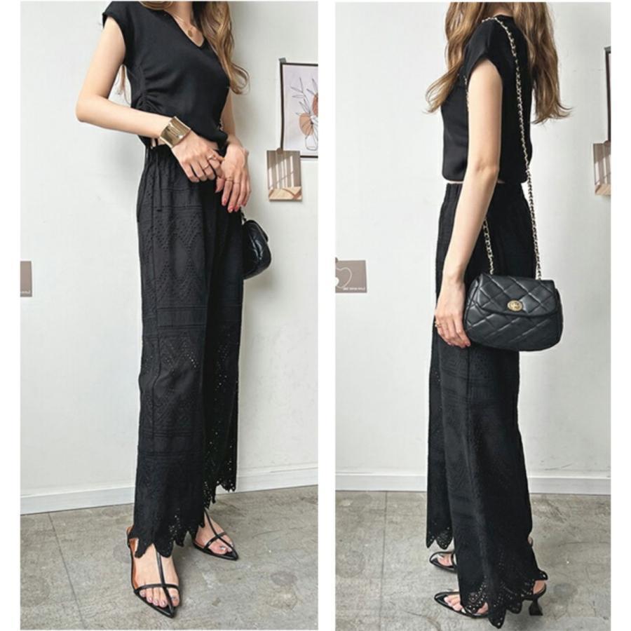 レース ワイドパンツ 裾レースパンツ レディース 刺繍 ウエストゴム リラックスパンツ お洒落 春 夏 シンプル | ブランド登録なし | 16