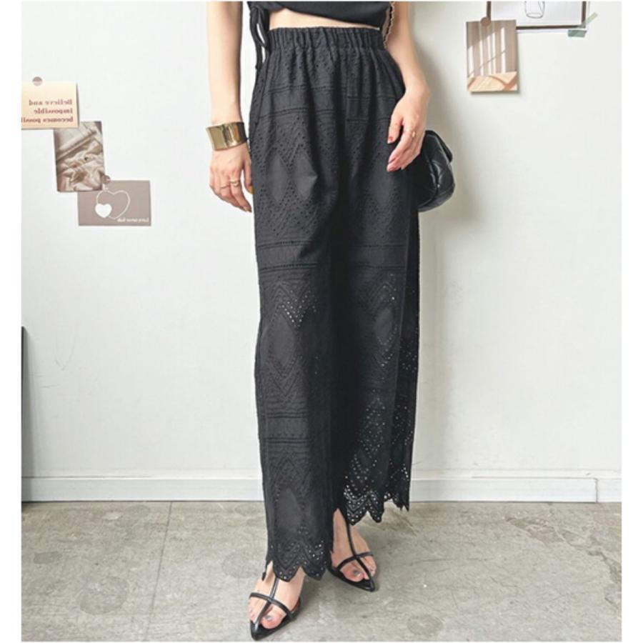 レース ワイドパンツ 裾レースパンツ レディース 刺繍 ウエストゴム リラックスパンツ お洒落 春 夏 シンプル | ブランド登録なし | 17