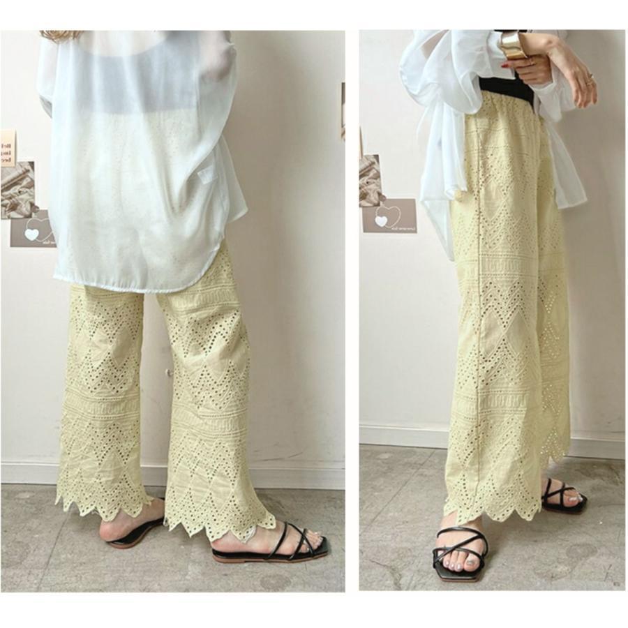 レース ワイドパンツ 裾レースパンツ レディース 刺繍 ウエストゴム リラックスパンツ お洒落 春 夏 シンプル | ブランド登録なし | 18