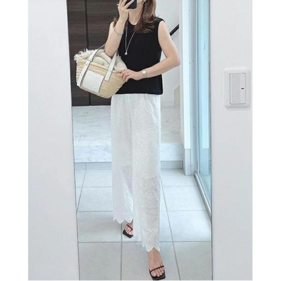 レース ワイドパンツ 裾レースパンツ レディース 刺繍 ウエストゴム リラックスパンツ お洒落 春 夏 シンプル | ブランド登録なし | 08