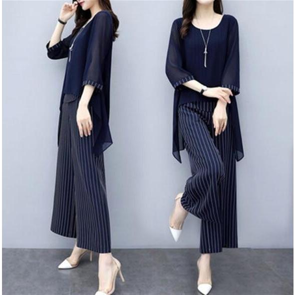 セットアップ ワイドパンツ レディース きれいめ 2点セット トップス シフォン ブラウス ストライプ ゆったり 体型カバー 大きいサイズ 二次会 30代 40代 50代 |  | 01