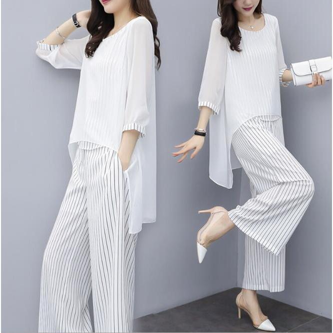 セットアップ ワイドパンツ レディース きれいめ 2点セット トップス シフォン ブラウス ストライプ ゆったり 体型カバー 大きいサイズ 二次会 30代 40代 50代 |  | 04