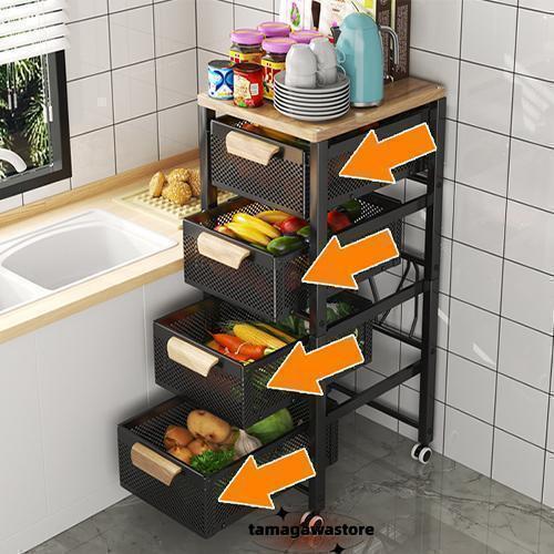 キッチンワゴン キャスター付 キッチン収納棚 キッチンストッカー 食材ストッカー バスケットラック ラック マルチワゴン サイ 天板付き | ブランド登録なし | 02