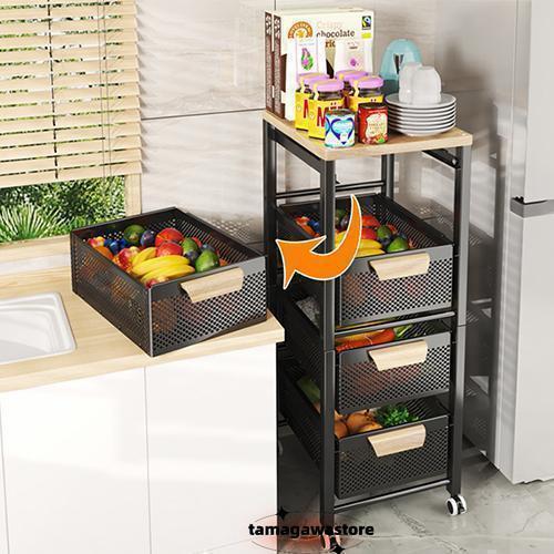 キッチンワゴン キャスター付 キッチン収納棚 キッチンストッカー 食材ストッカー バスケットラック ラック マルチワゴン サイ 天板付き | ブランド登録なし | 04
