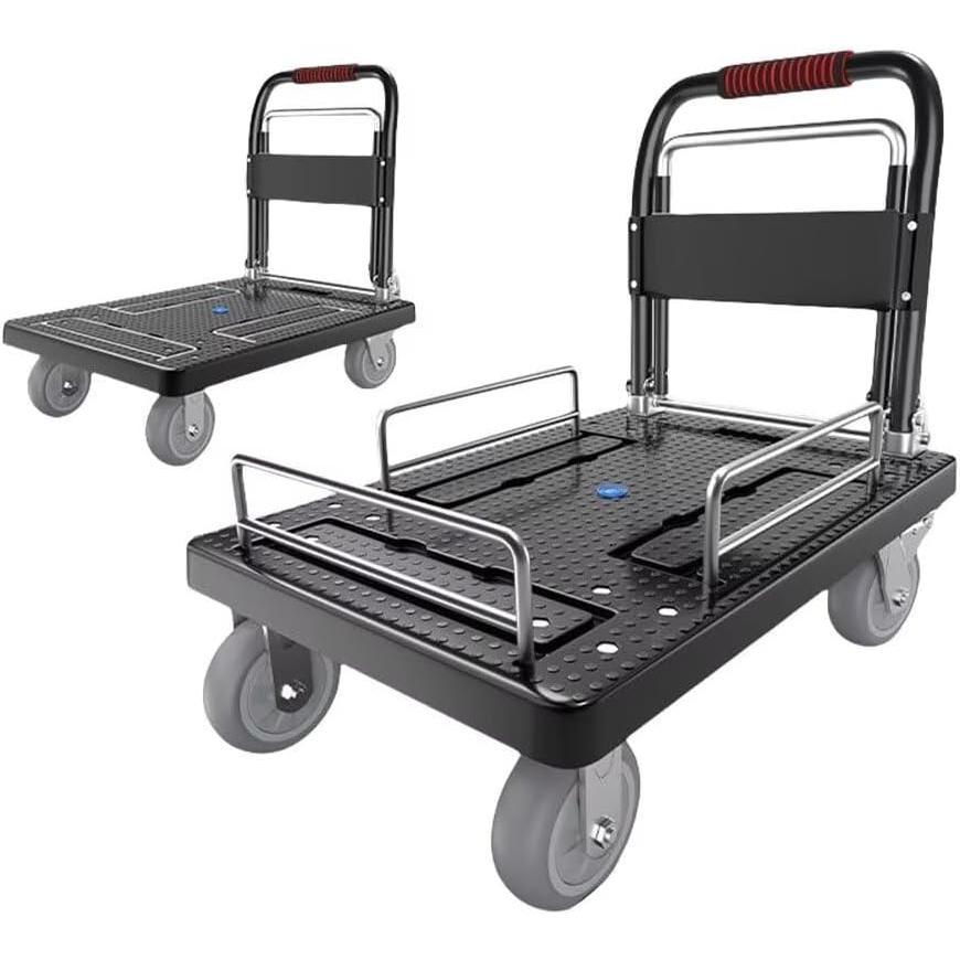 ゴ付き台車 折り畳み ストッパー付き フェンス台車 ハンドトラック トロリー 三面式ガードレール付き キャリーカート 360°回転可能なキャスター付き 防滑 耐久 | 