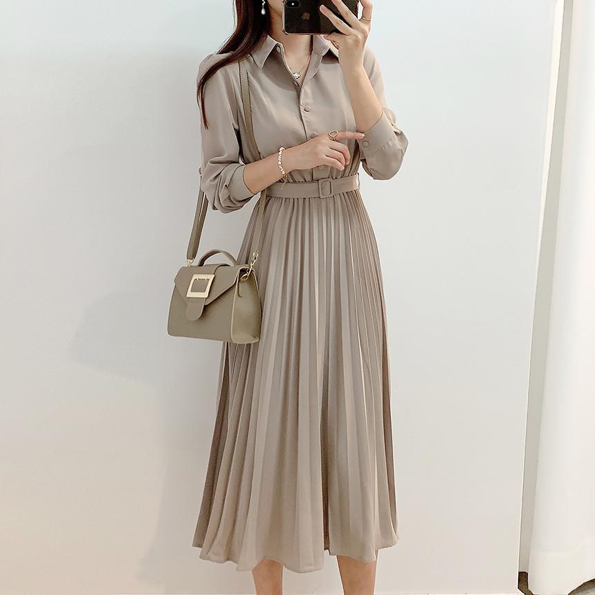 ワンピース 春秋 長袖 きれいめ シャツワンピース 無地 Vネック Aライン 大きいサイズ ミモレ丈 ロング 体型カバー ウエストベルト ゆったり | ブランド登録なし | 01