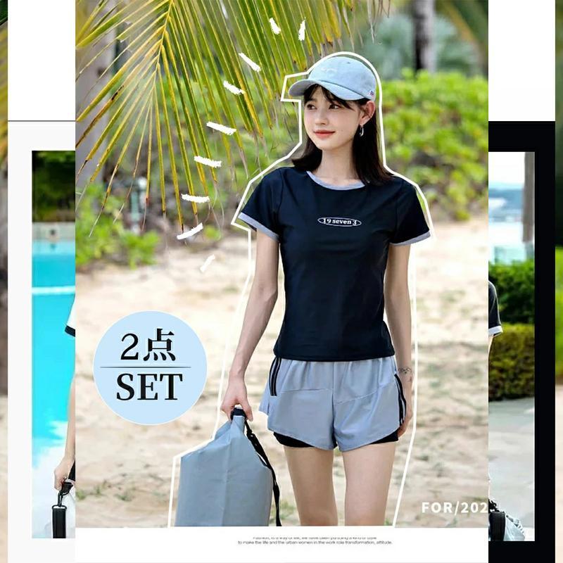 水着 レディース 体型カバー 2点セット おしゃれ 大学生 中学生 高校生 夏 ママ水着 スクール水着 セパレート 胸パッド付き ビーチ フィットネス 女性 160 S-XL | ブランド登録なし | 09