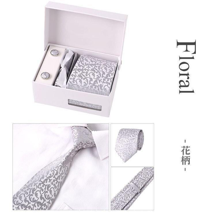 ネクタイ4点セット結婚式シルバーグレー親族親戚友人ネクタイピンポケットチーフカフスボタン花柄市松模様ストライプチェックドットメンズ |  | 06
