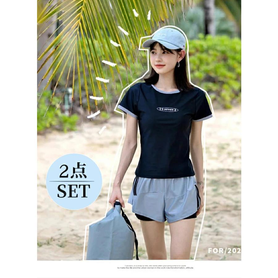 水着 レディース 体型カバー 2点セット おしゃれ 大学生 中学生 高校生 夏 ママ水着 スクール水着 セパレート 胸パッド付き ビーチ フィットネス 女性 160 S-XL | ブランド登録なし | 07