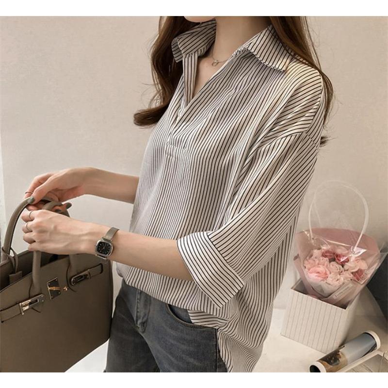 ブラウスシャツ レディース シャツ ブラウス 七分袖 トップス ストライプ柄 チュニック カジュアル シンプル おしゃれ ゆったり 着痩せ | ブランド登録なし | 03