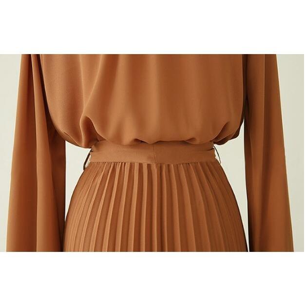 ワンピース ロング丈 長袖 フレア シフォン プリーツワンピース Aライン ベルト付き おしゃれ きれいめ 通勤 二次会 大人 20代 30代 40代 春秋 レデイース | ブランド登録なし | 14