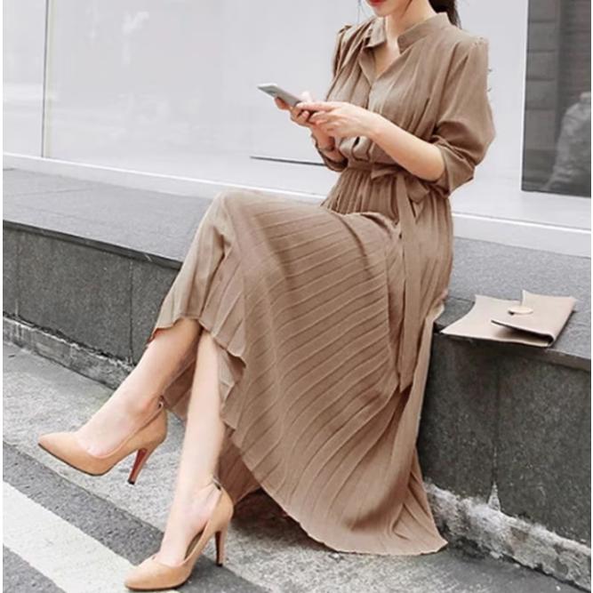 ワンピース ロング丈 長袖 フレア シフォン プリーツワンピース Aライン ベルト付き おしゃれ きれいめ 通勤 二次会 大人 20代 30代 40代 春秋 レデイース | ブランド登録なし | 05