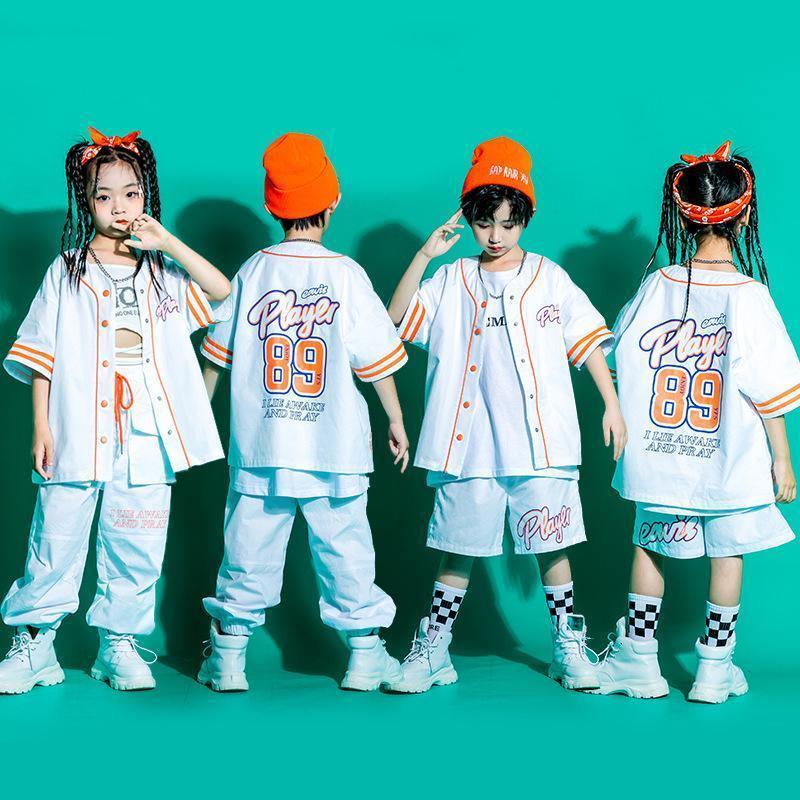 ベースボールシャツ ダンス衣装 キッズ ヒップホップ ファッション キッズダンス衣装 セットアップ 派手 ガールズ 男の子 シャツ ズボン 白 オレンジ | 