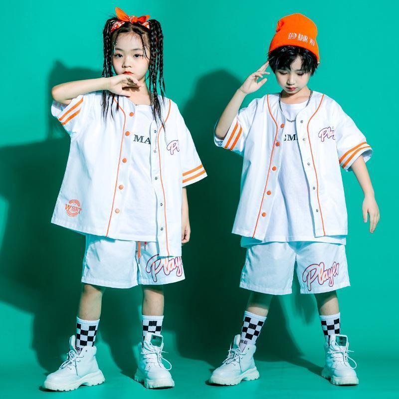 ベースボールシャツ ダンス衣装 キッズ ヒップホップ ファッション キッズダンス衣装 セットアップ 派手 ガールズ 男の子 シャツ ズボン 白 オレンジ |  | 03