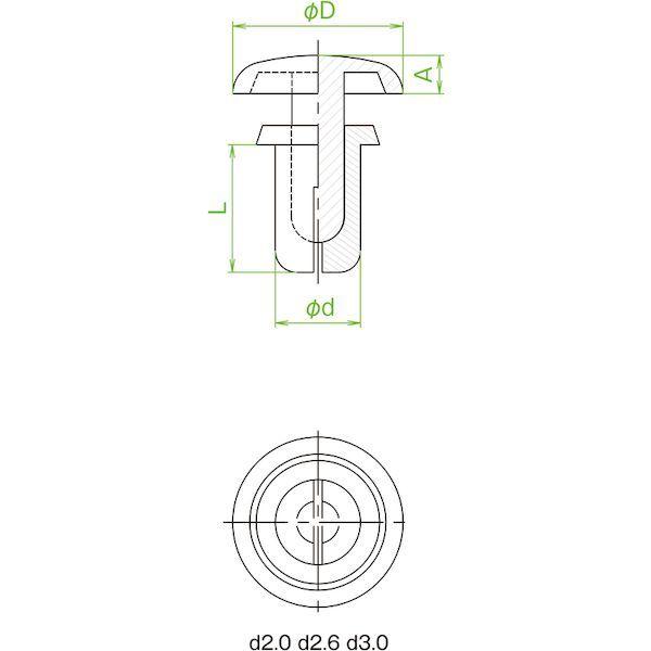 あすつく対応 「直送」 ＴＲＵＳＣＯ TPR2032-W プッシュリベット　板厚１．３〜２．０ｍｍ　穴径２．１Φ　長さ３．２　白　５０個入 TPR2032W |  | 01
