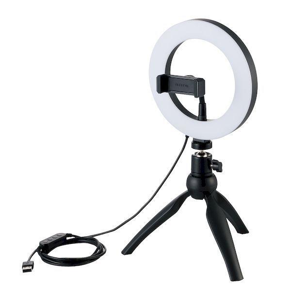 エレコム ELECOM DE-L02BK LEDリングライト 自撮りライト ミニ三脚スタンド付 3色調光 最大640lm 10段階調整 USB給電 動 | 
